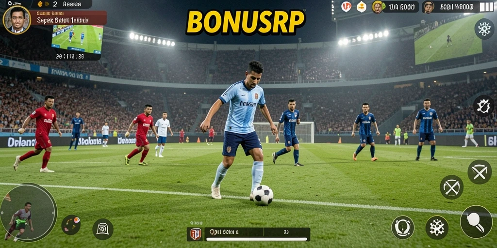 Tangkapan layar gameplay BONUSRP yang menampilkan aksi sepak bola yang mendebarkan.
