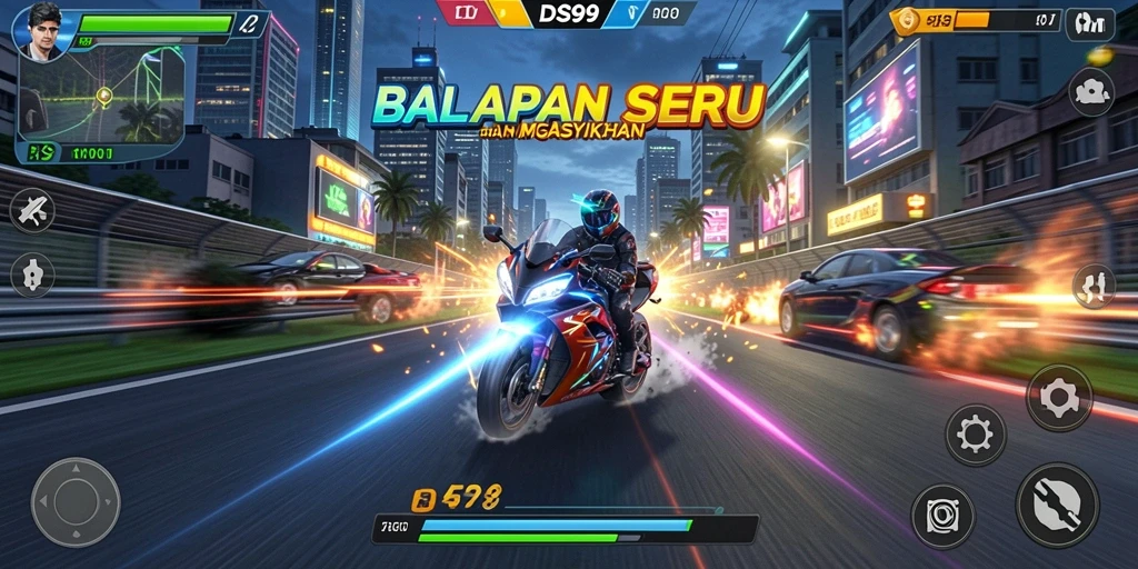 Gameplay Racing seru di DS99 dengan mobil cepat dan trek menarik.