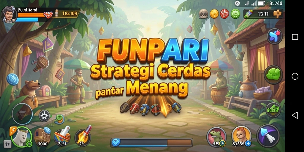Tangkapan layar utama FUNPARI menampilkan aksi strategi yang intens.