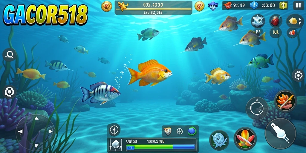 Tampilan gameplay seru di GACOR518 dengan ikan berwarna-warni.