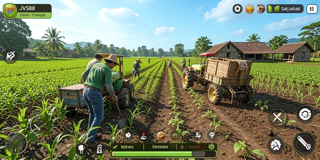 Tampilan gameplay <strong>JVS88</strong> yang menawan dengan berbagai tanaman dan ladang yang terkelola dengan baik.