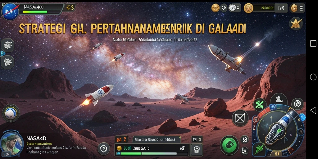 Screenshot gameplay NASA4D menampilkan strategi menara bertahan di luar angkasa.