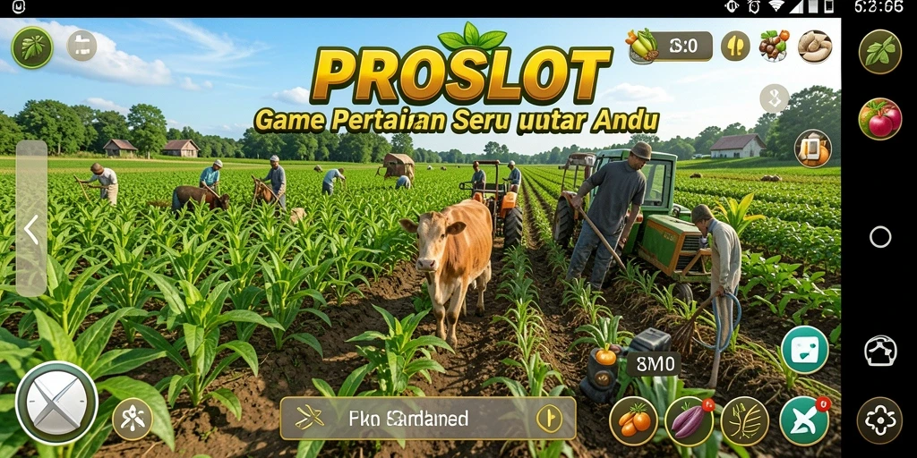 Screenshot gameplay PROSLOT menunjukkan ladang subur dengan berbagai tanaman.