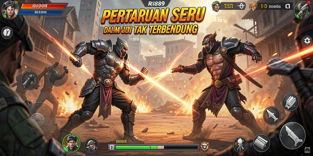 Screenshot dari gameplay RI889 yang menampilkan aksi seru di arena pertempuran.