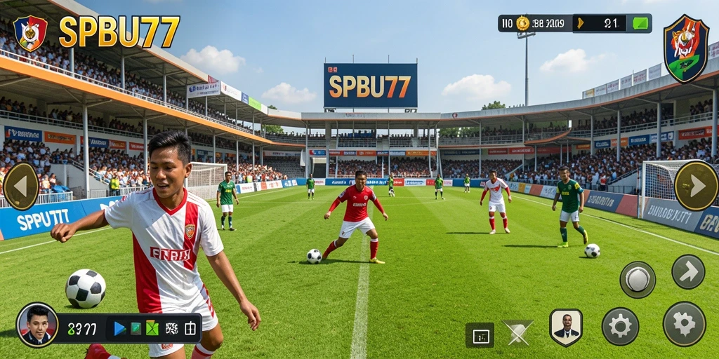 Tampilan gameplay SPBU77 yang menarik dengan aksi sepak bola intens.