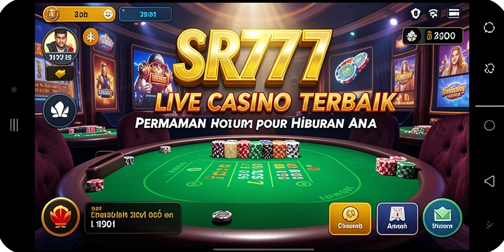 Screenshot gameplay yang menampilkan dealer langsung dan suasana kasino yang hidup.